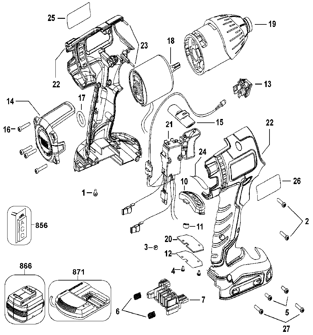 Exploded Diagram A Diagram and Parts List for XT14ID Type 1 Black and Decker Impact Driver